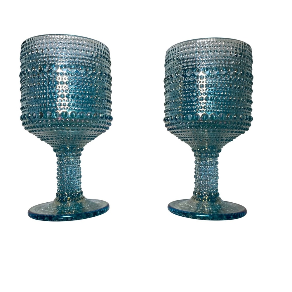 Blue Hobnail Glass Wine Goblets Set 2 Iridescent Bubble BKLYN Style